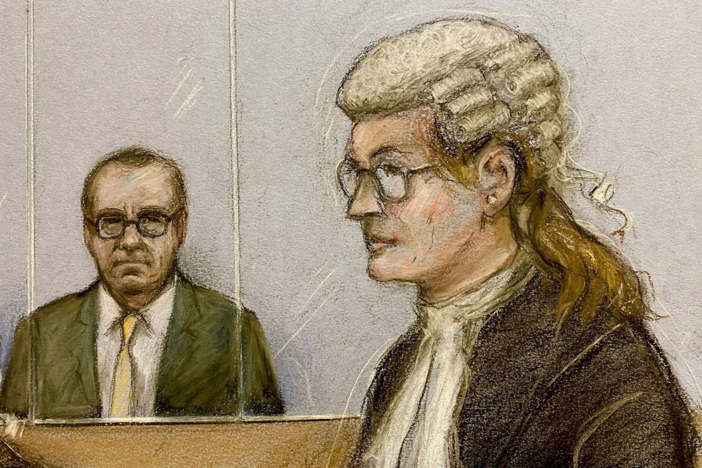 Die Gerichtsskizze zeigt Kevin Spacey und Staatsanwältin Christine Agnew im Gerichtssaal in London.