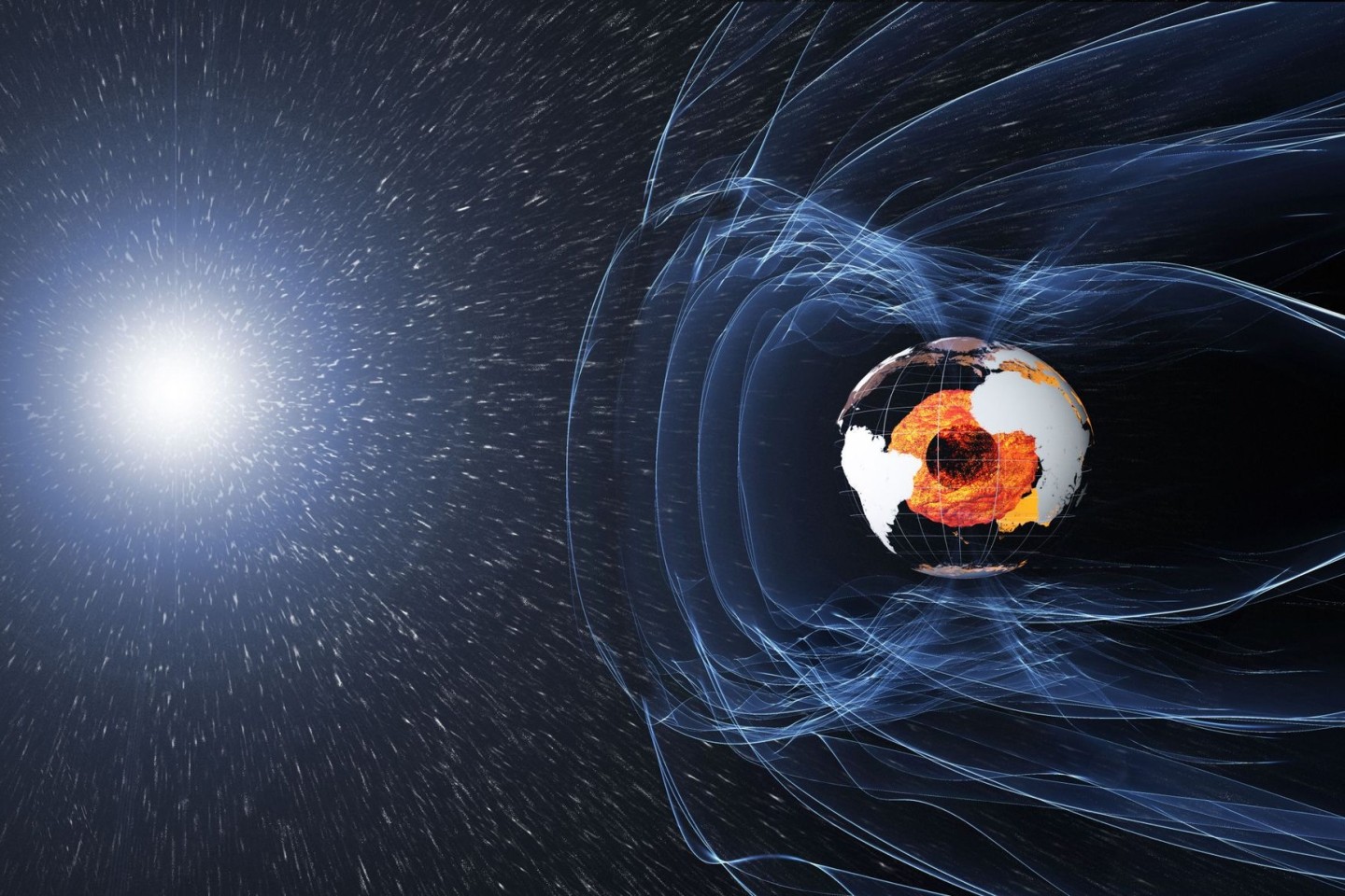 Das Magnetfeld und die elektrischen Ströme in und um die Erde erzeugen komplexe Kräfte (künstlerische Darstellung).